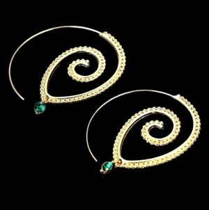 Gold Spiral Hoop Earrings Big Boho Swirl Emerald Green Accent India Bohemian